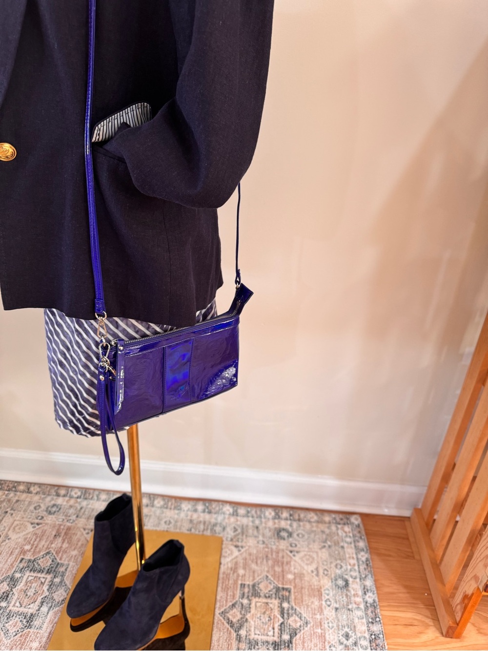 Sharif New York holographic cobalt blue crossbody wristlet